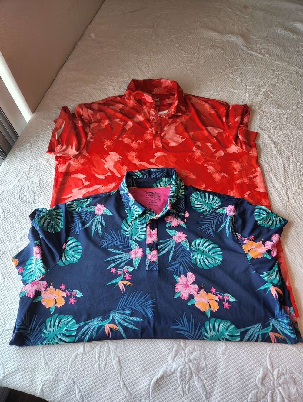 Men's Tropical Floral Polo Shirt - Navy with Green & Pink Print